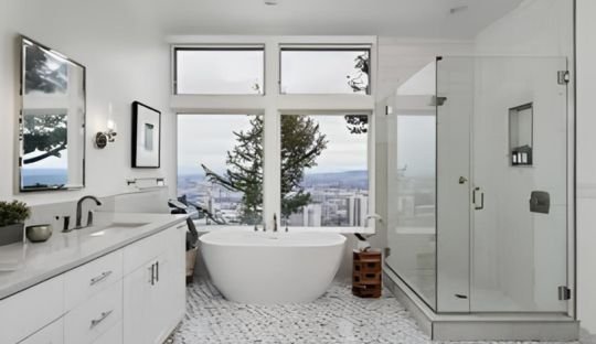 Elegant beige marble bathroom remodel in Detroit, showcasing our expert craftsmanship